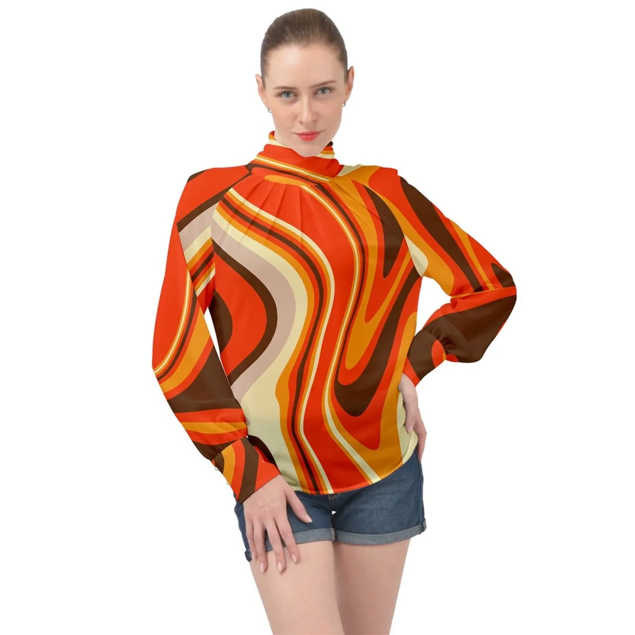 70s top women, 70s Blouse Women, Chiffon Blouse, Turtle Neck Top, 70s Style Top Women, Groovy Top, Abstract Orange Top, Hippie Top