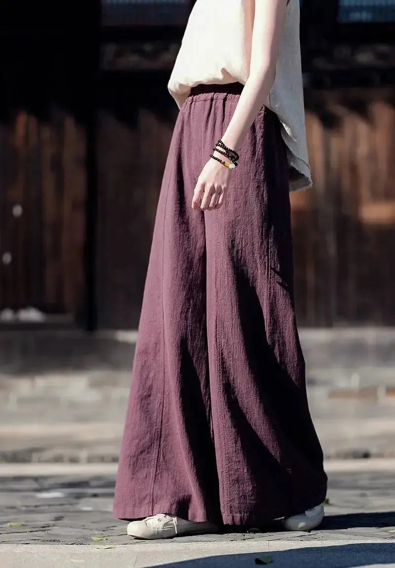 Artistic Retro Linen Wide-Leg Palazzo Trousers for Women