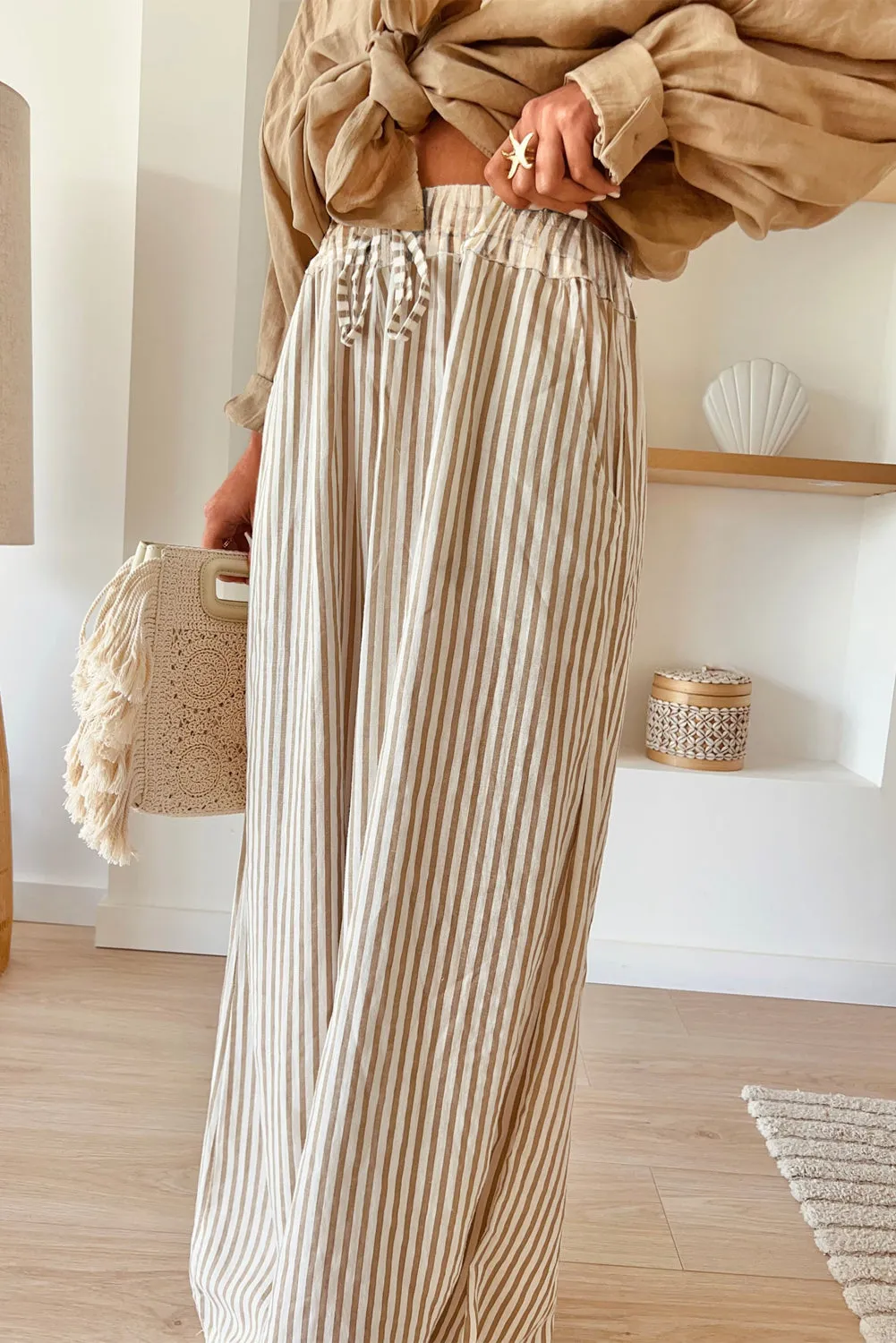 Beige and White Striped Wide Leg Pants