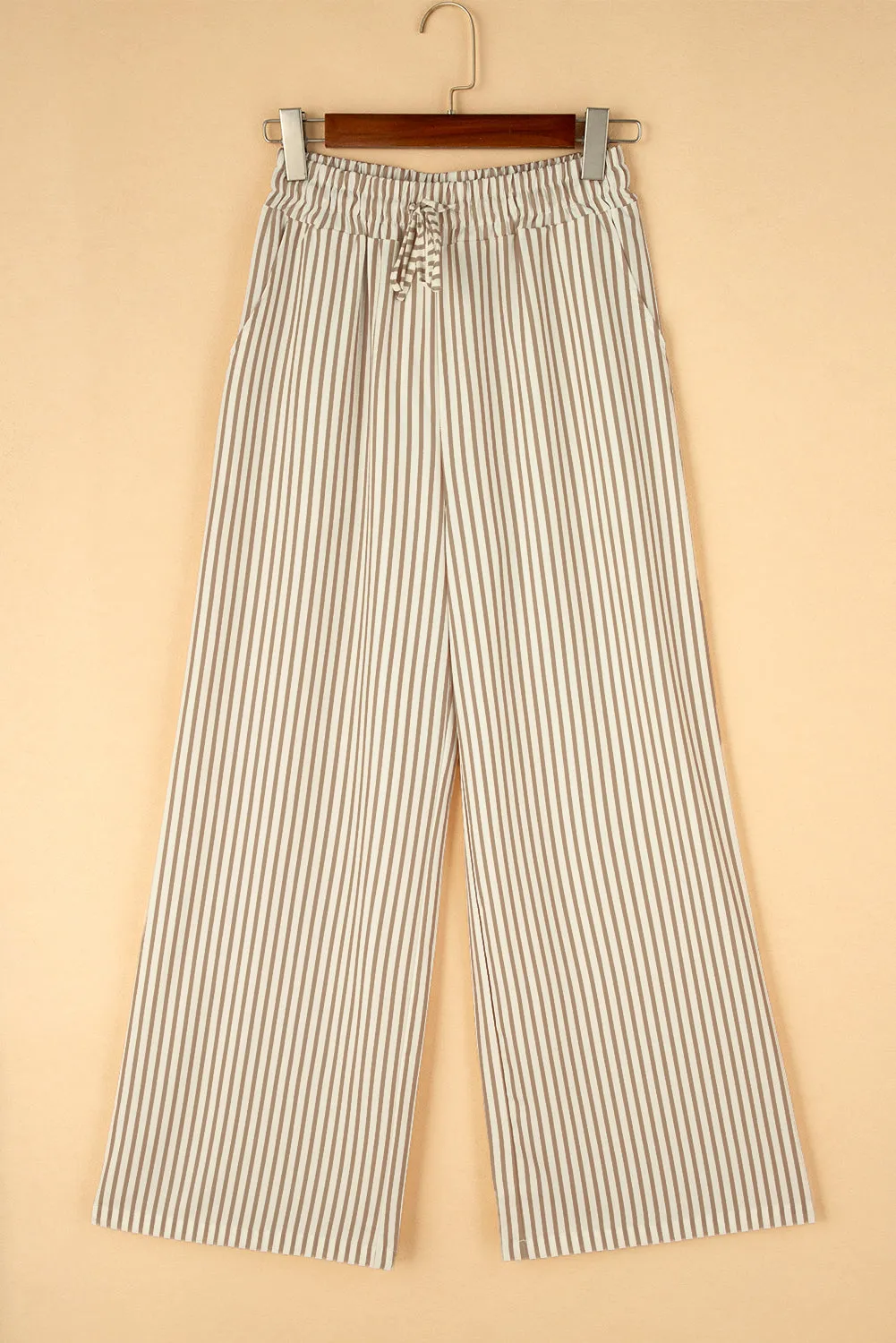 Beige and White Striped Wide Leg Pants