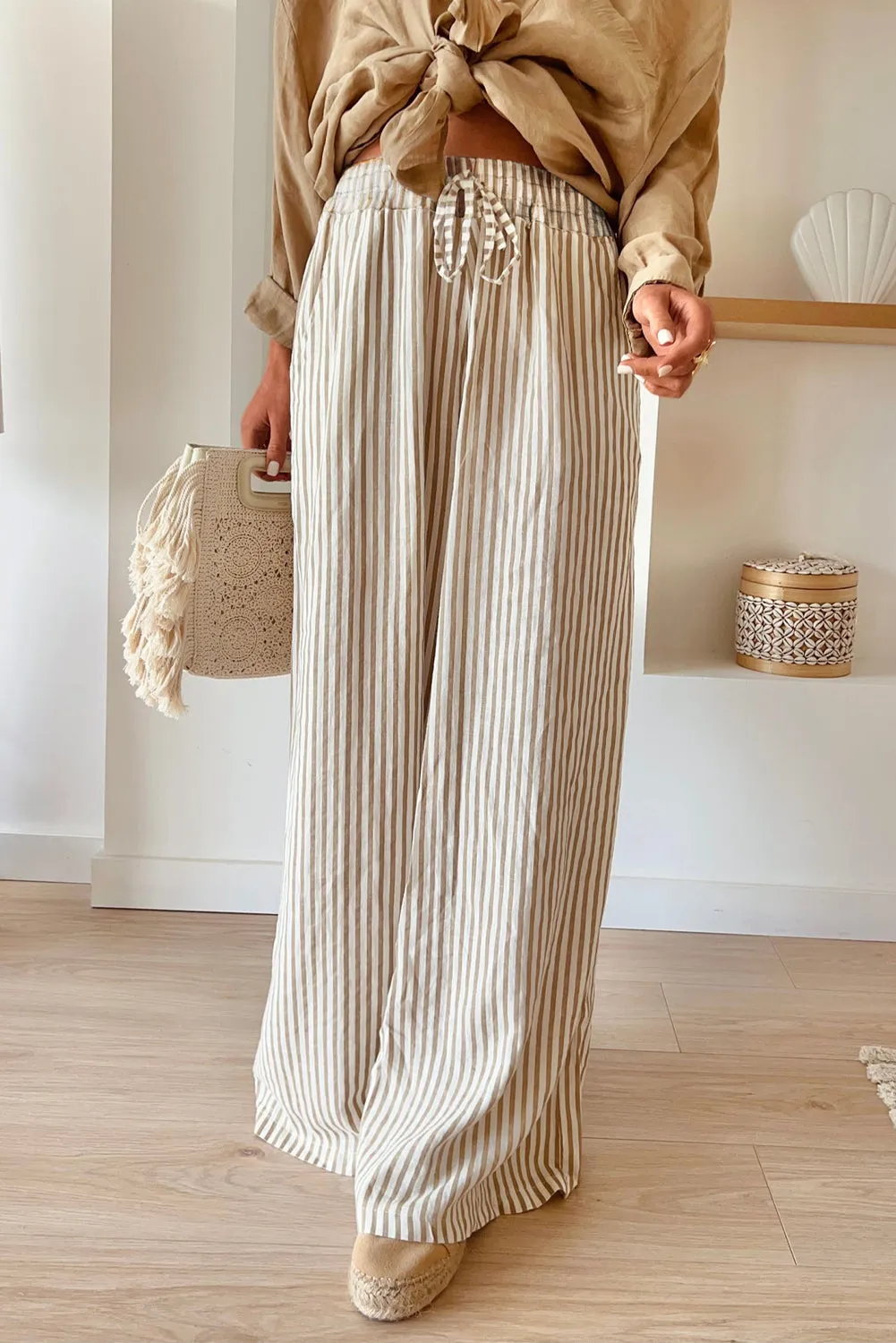 Beige and White Striped Wide Leg Pants