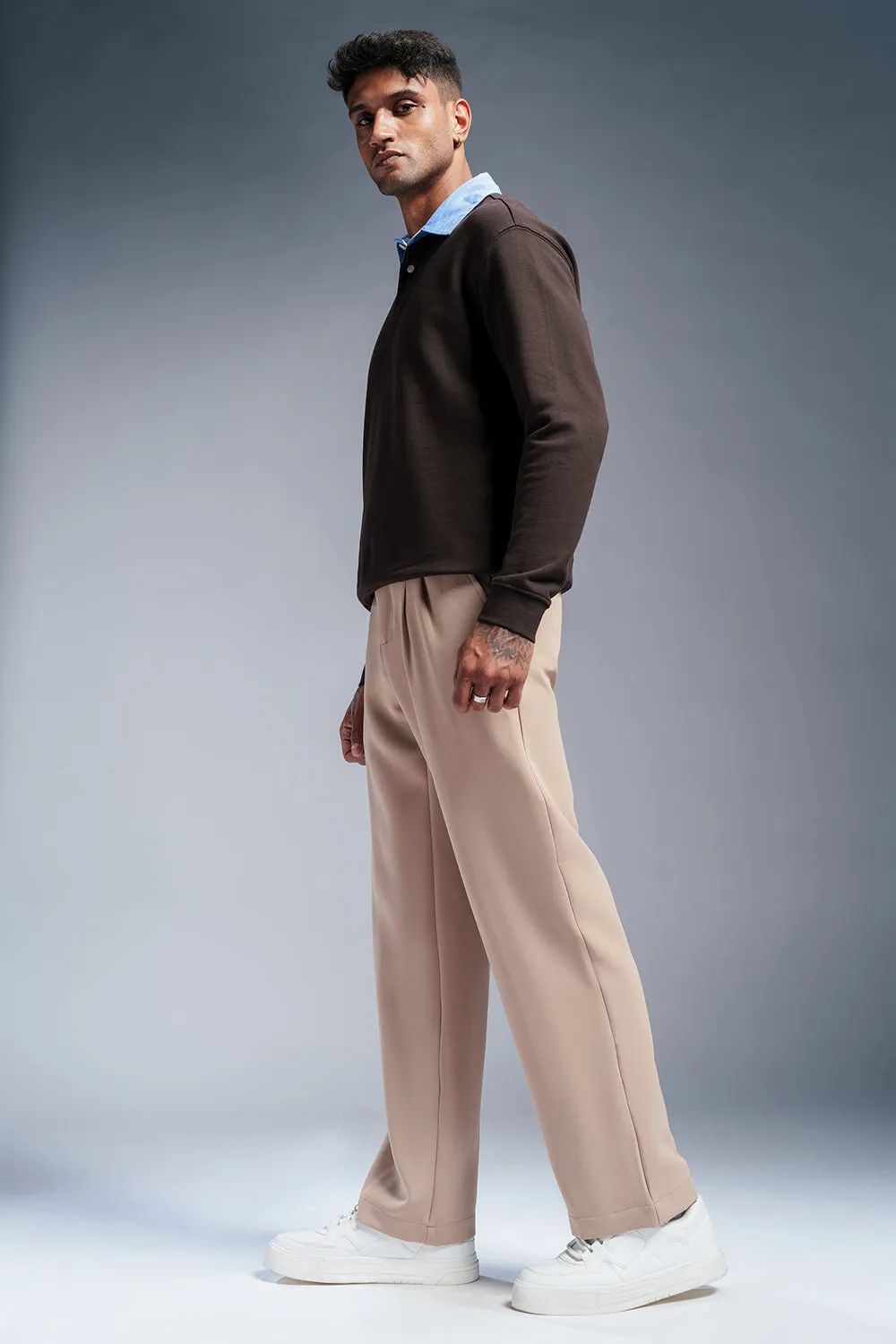 Beige Blaze Men's Double Pleated Korean Pants