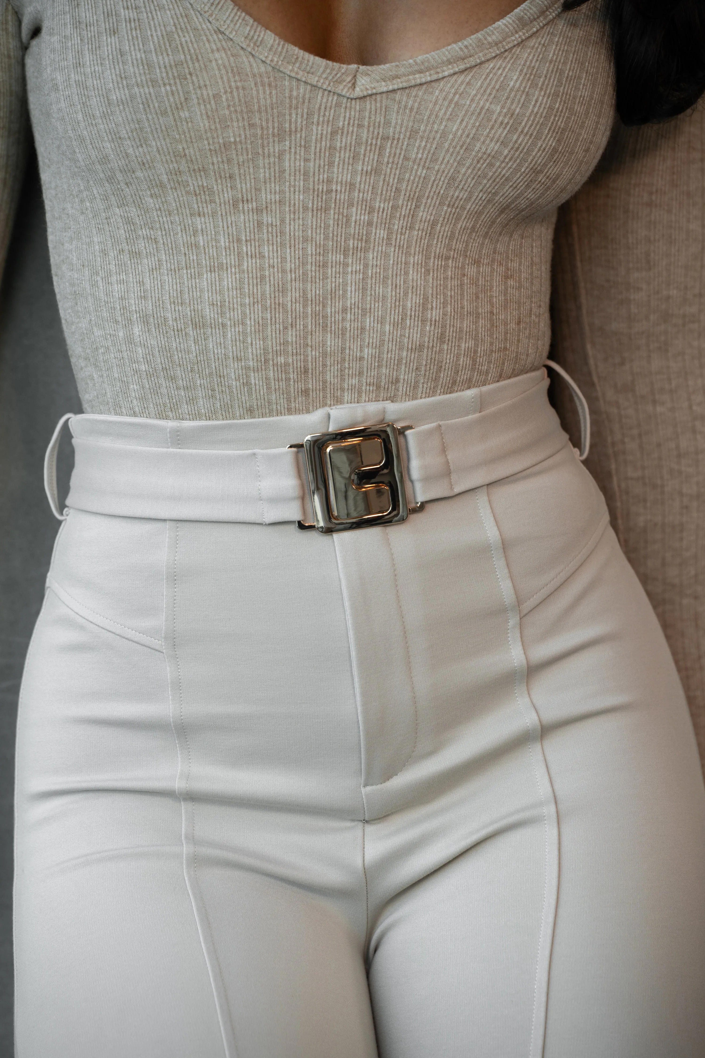 Beige Golden Buckled Pants