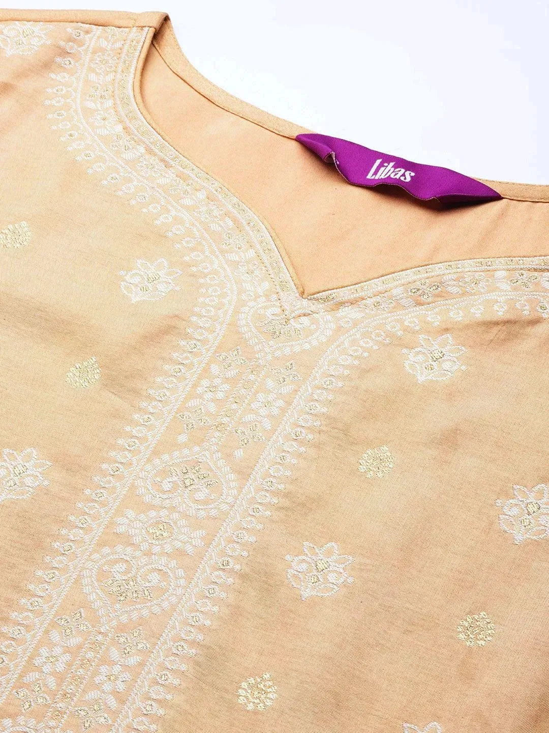 Beige Self Design Silk Blend Straight Kurta With Trousers & Dupatta