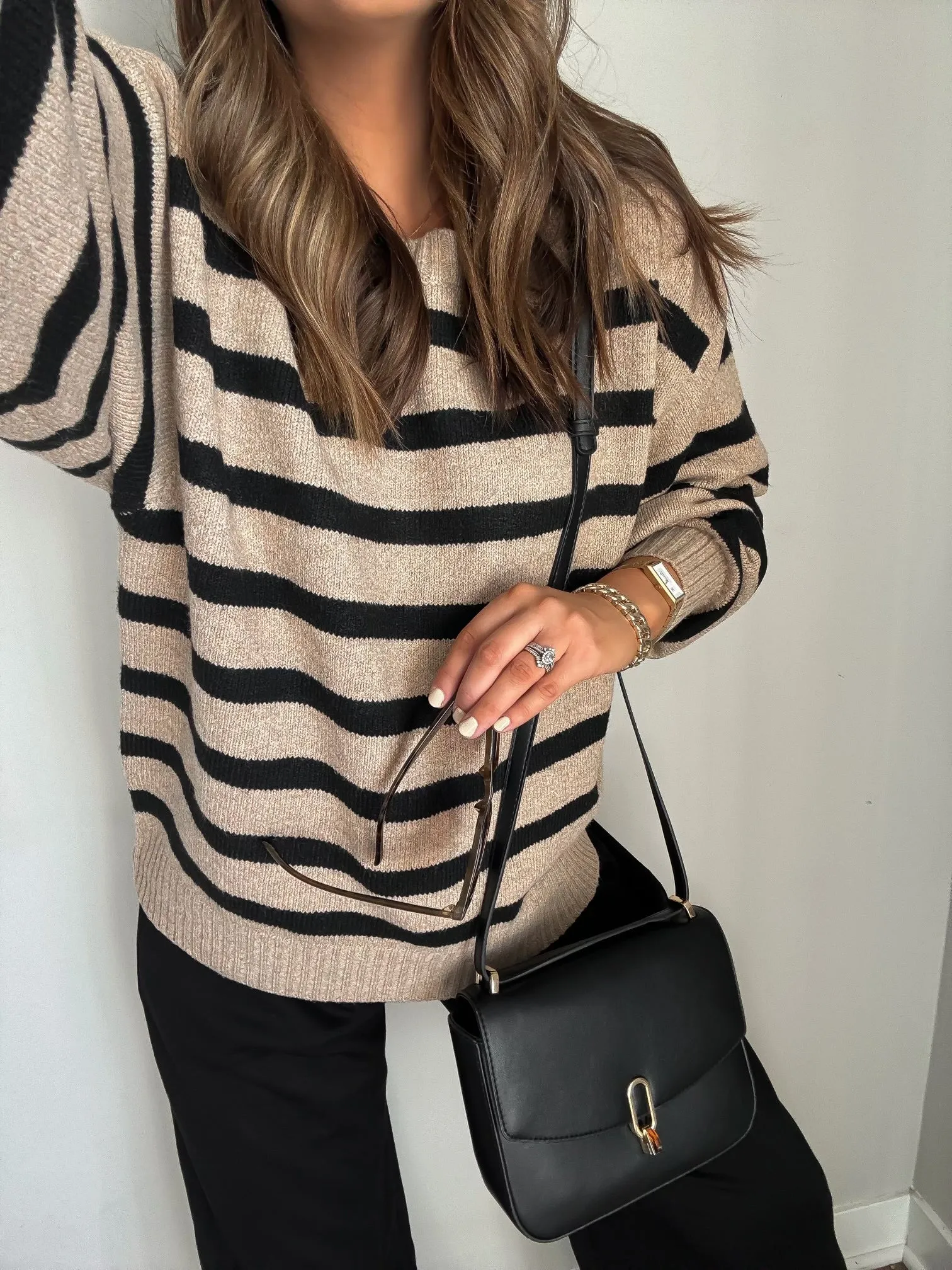 Black and Mocha Striped Pullover Sweater - DOORBUSTER