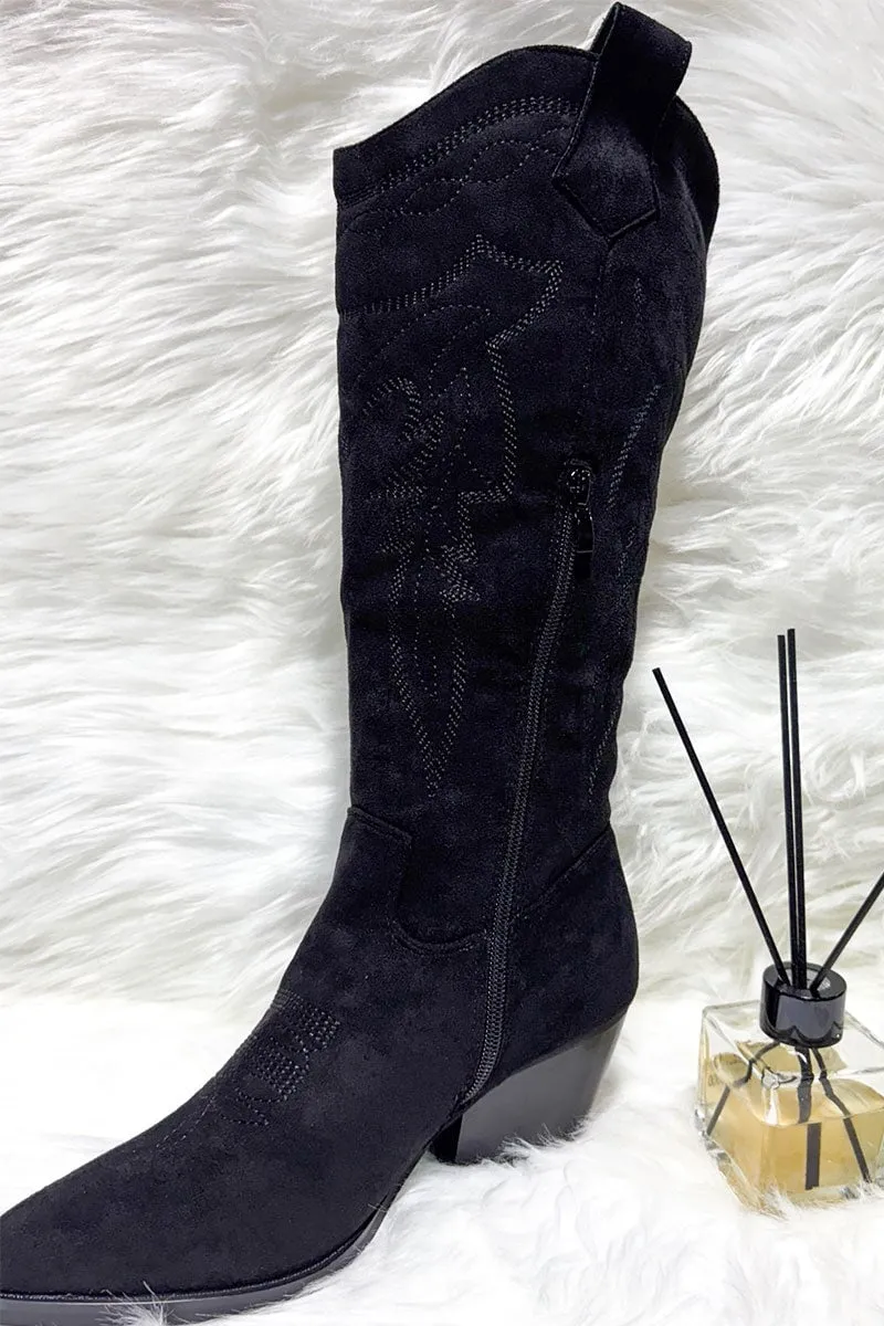 BLACK FAUX SUEDE COWBOY BOOT