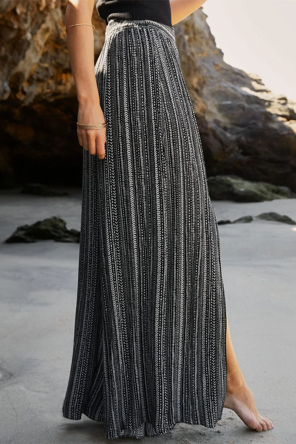 Black Striped Wide Leg High Waist Pants with Front Slit