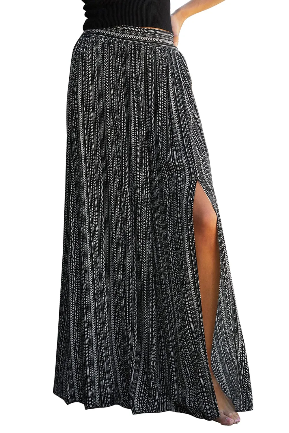 Black Striped Wide Leg High Waist Pants with Front Slit