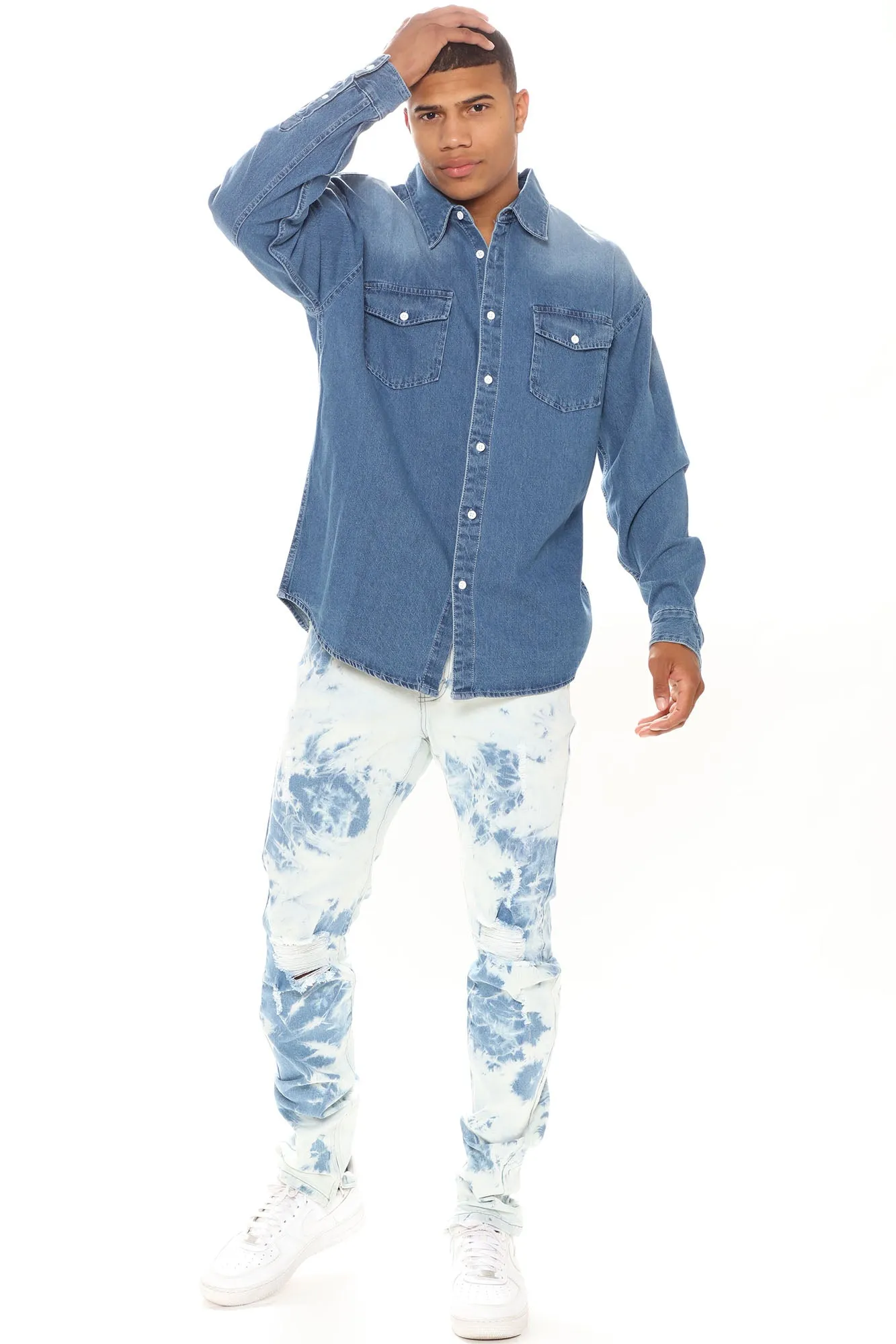 Bleached Wash Ripped Stacked Skinny Jeans - Bleach Blue Wash