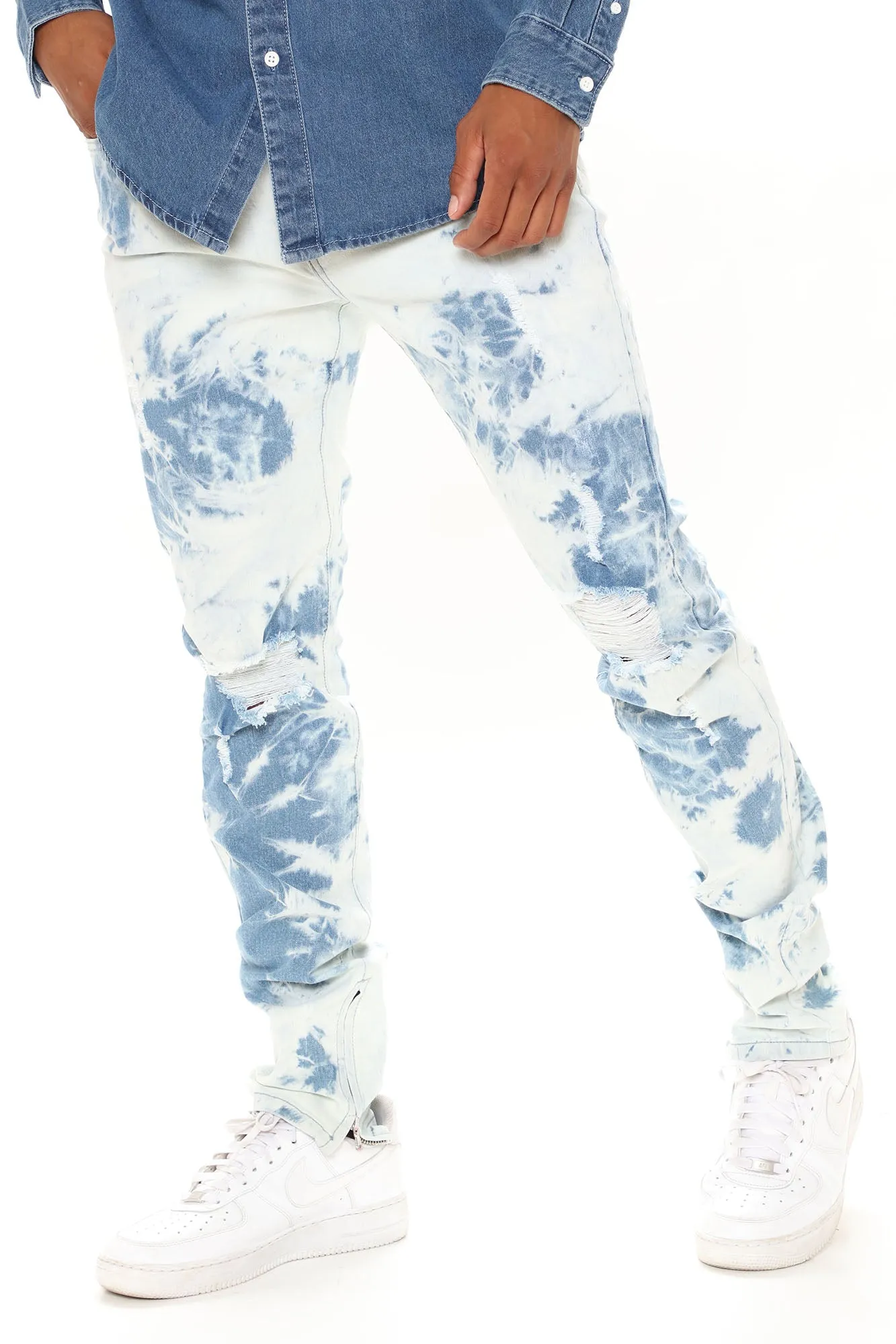 Bleached Wash Ripped Stacked Skinny Jeans - Bleach Blue Wash