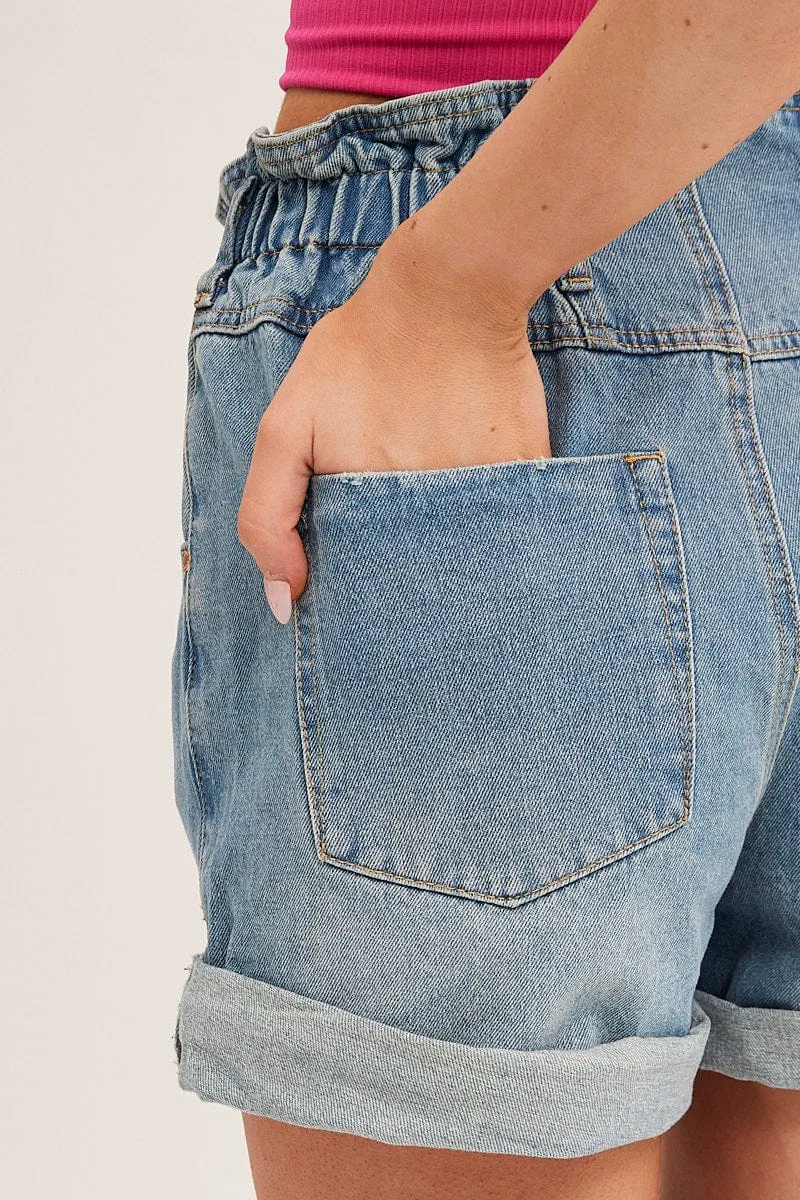 Blue Denim Shorts High Waist Paperbag