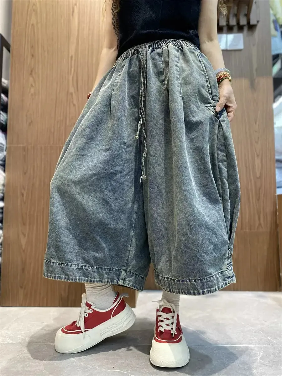 blue jeans women wide leg denim pants wide Elastic Waist Trousers