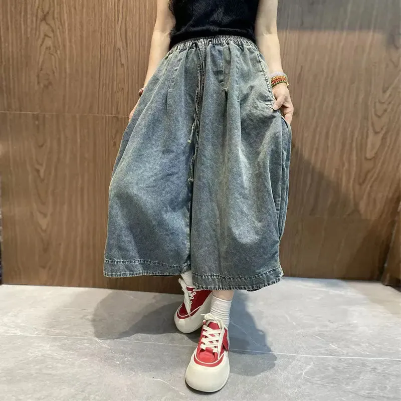 blue jeans women wide leg denim pants wide Elastic Waist Trousers