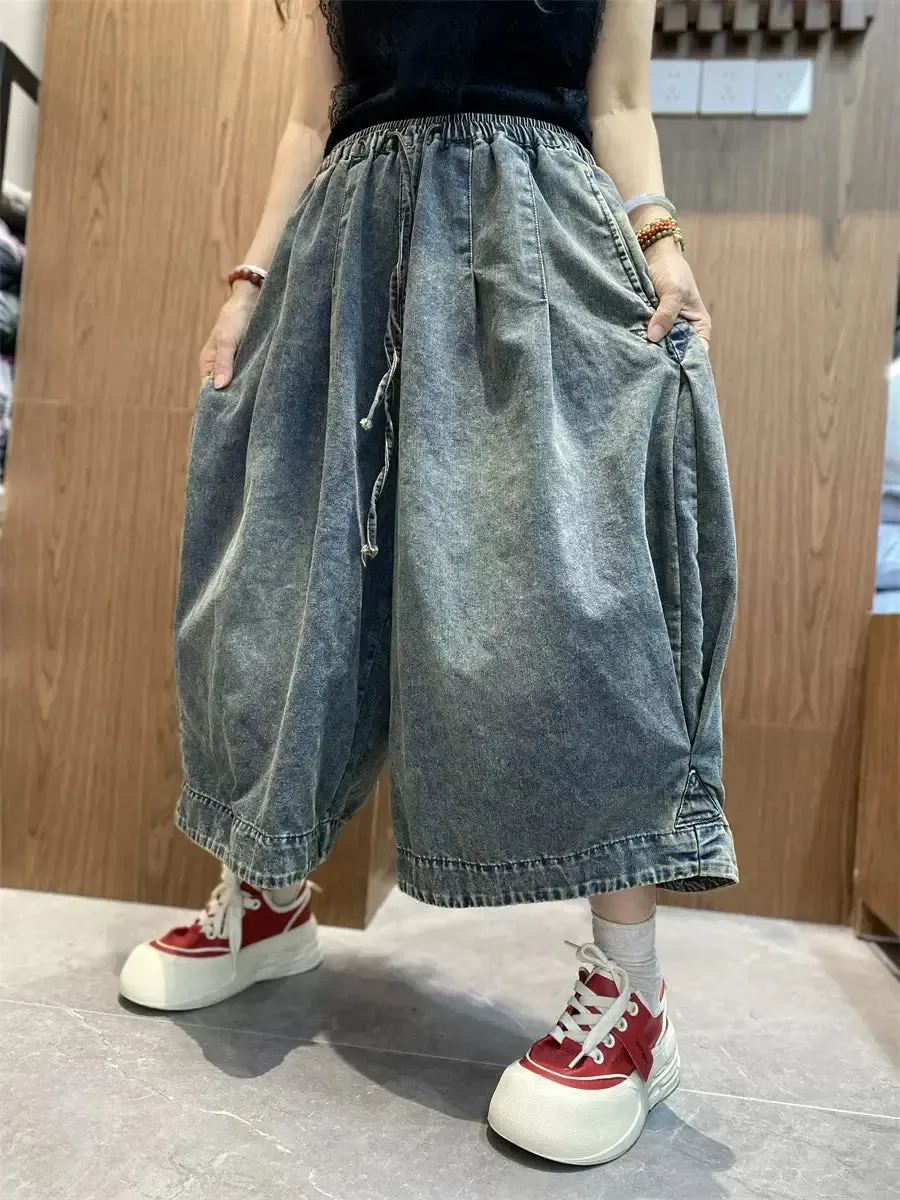 blue jeans women wide leg denim pants wide Elastic Waist Trousers