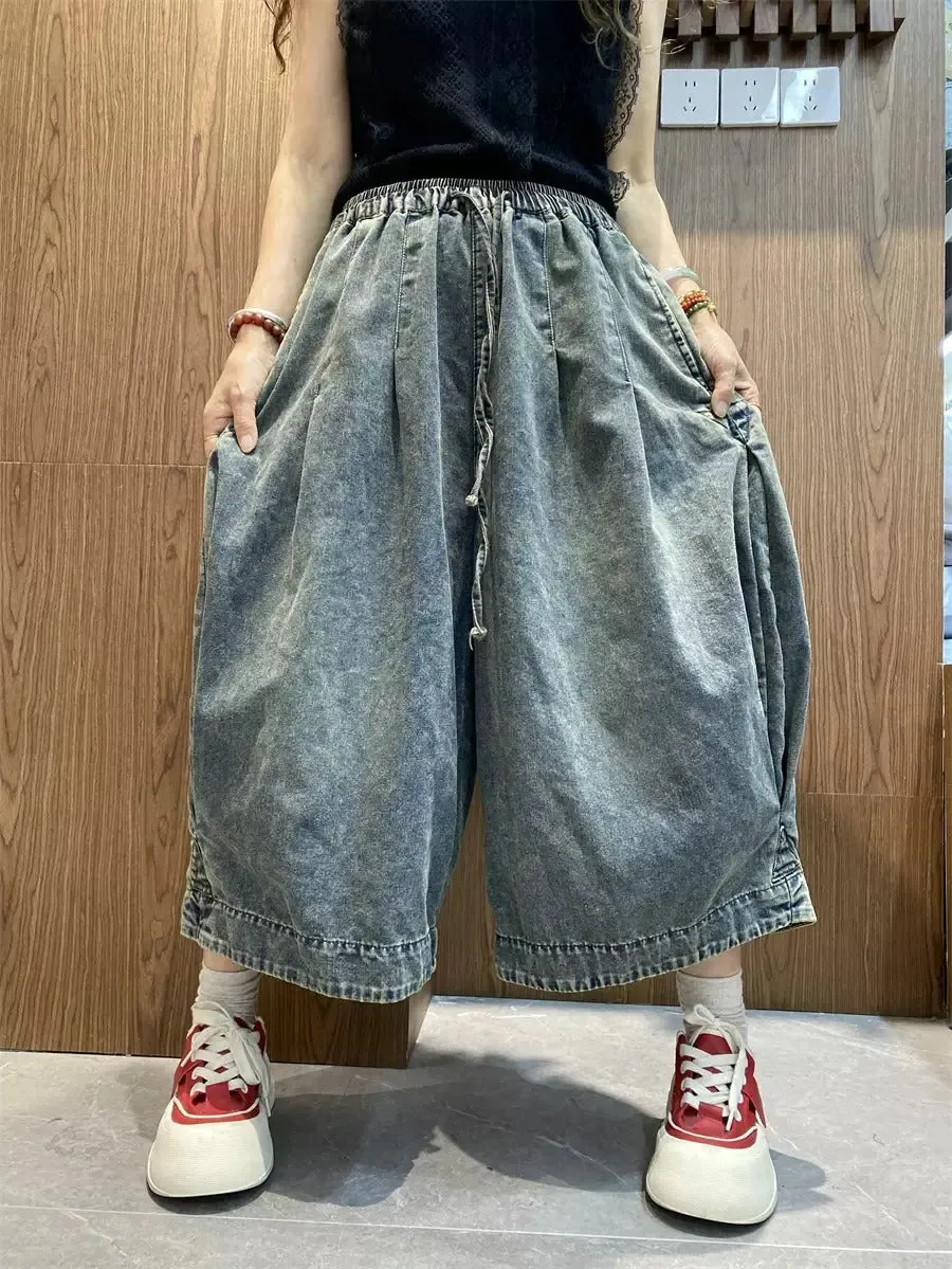 blue jeans women wide leg denim pants wide Elastic Waist Trousers