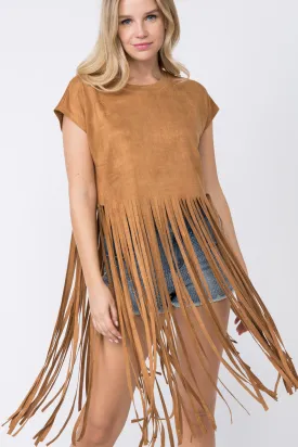 Camel Faux Suede Short Sleeve Fringed Top