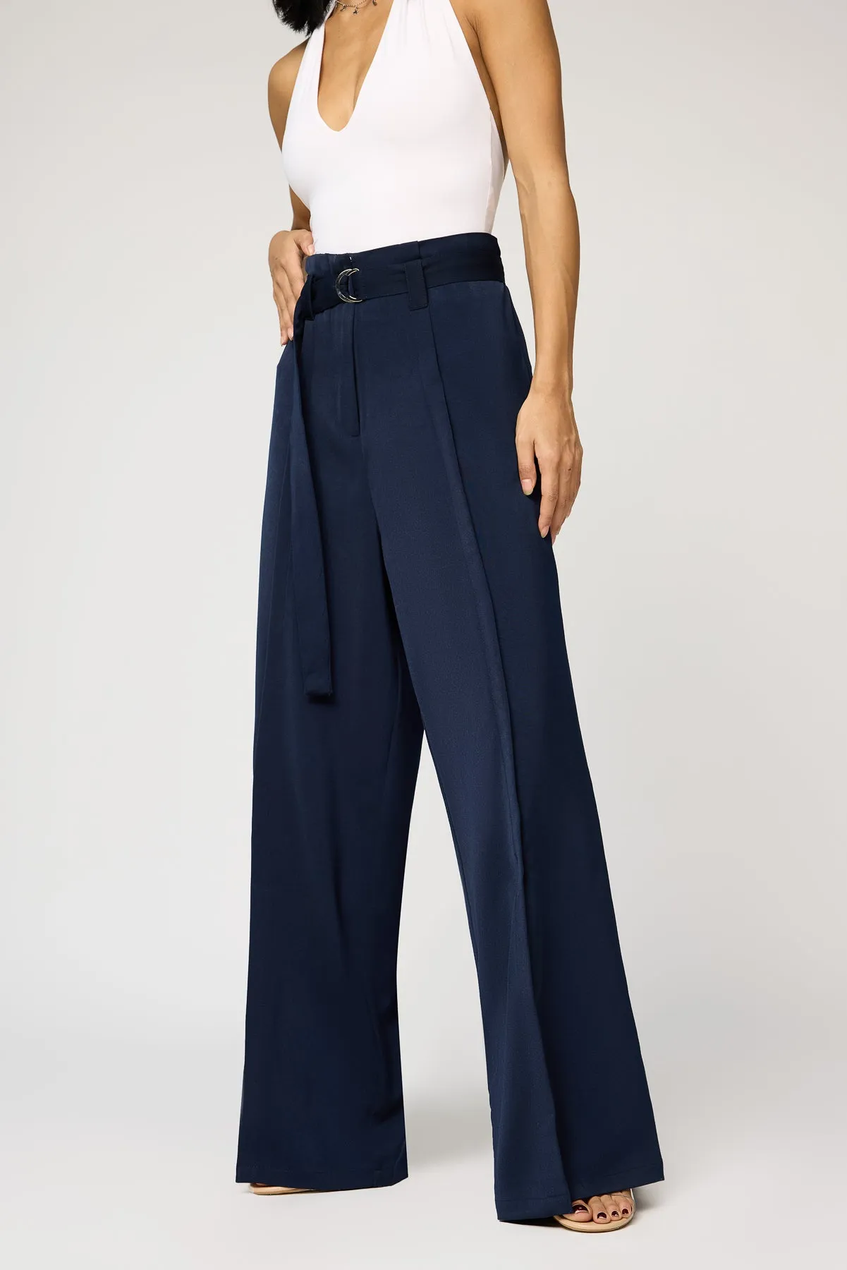 Celestial Navy Belted Flared Korean Pants