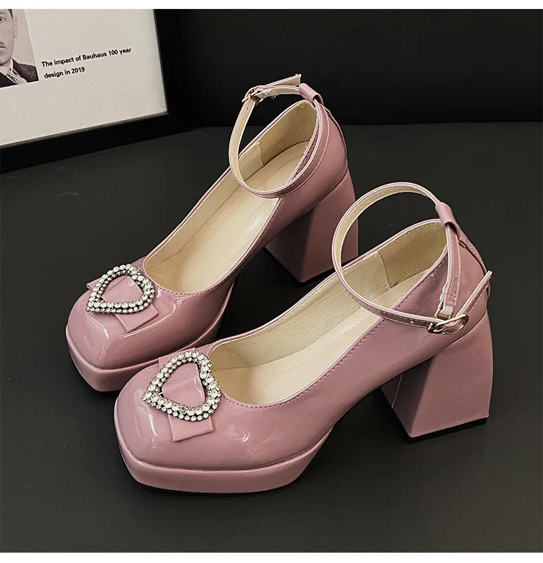 Crystal Heart Chunky Heel