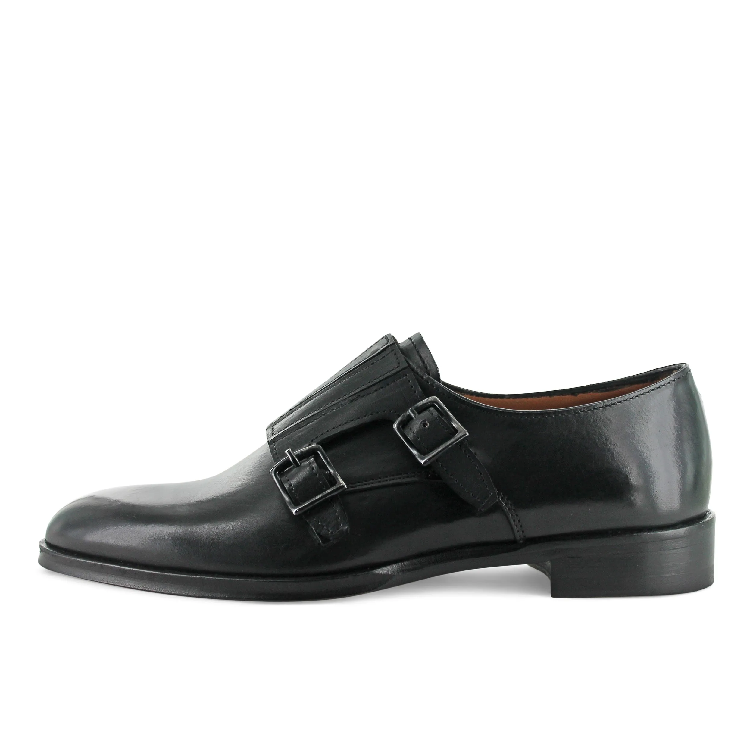 D257 - Black Leather Double Monk