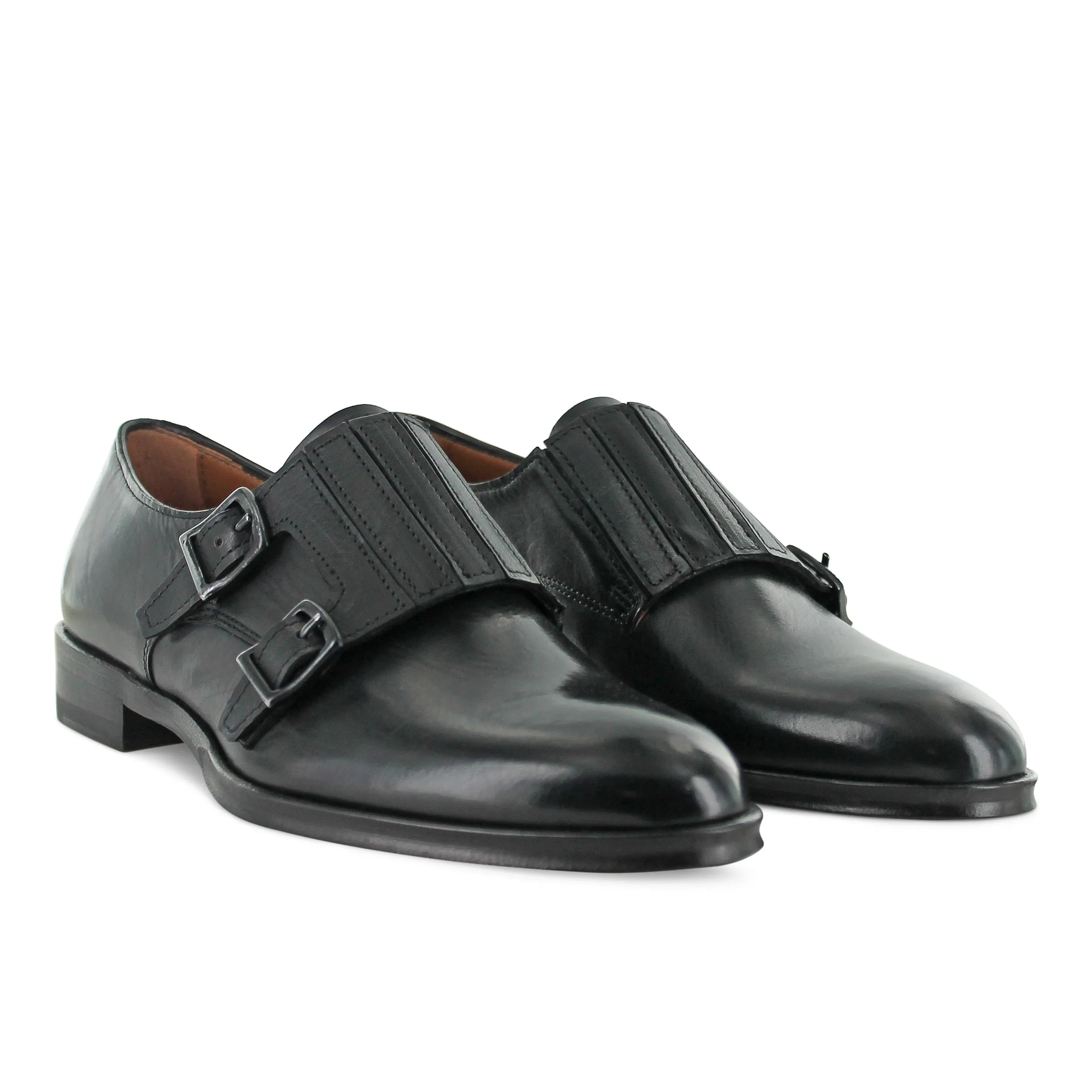 D257 - Black Leather Double Monk