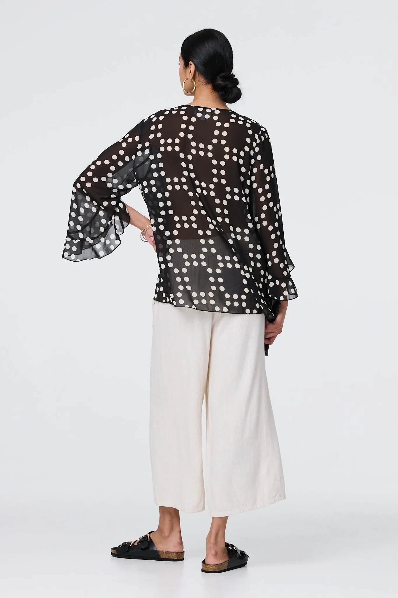 Dot Print Semi Sheer Flare Sleeve Blouse