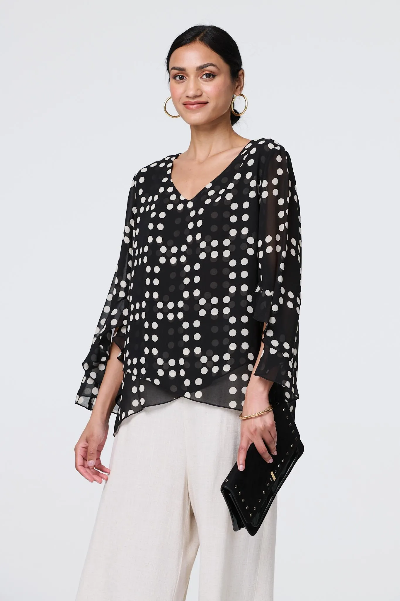 Dot Print Semi Sheer Flare Sleeve Blouse