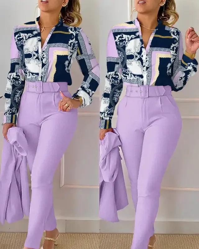 Elegant V-neck Floral Pants Set