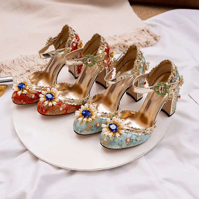 Embroidered Gem Heels