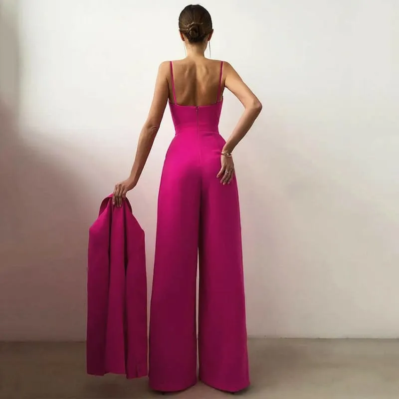 Fuchsia Loose Sleeveless Jumpsuit with Wide Leg and Matching Wrap