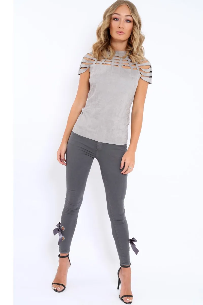 Grey Laser Cut Suedette Top - Abbie