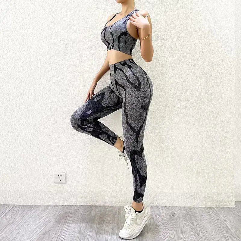 Gym Fitness Soft Yoga Bra - Striped Leopard Print High Waist Leggings