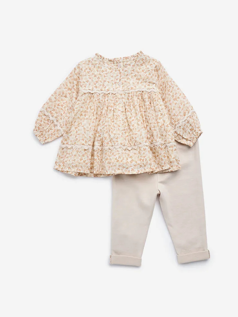 HOP Baby Beige Leaf Printed Cotton Blend Top and Pants Set