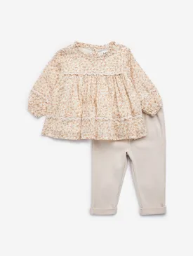 HOP Baby Beige Leaf Printed Cotton Blend Top and Pants Set