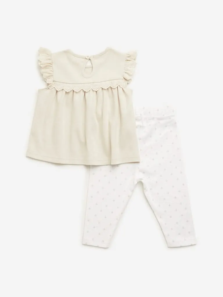 HOP Baby Beige Schiffli Design Top & Pants Set