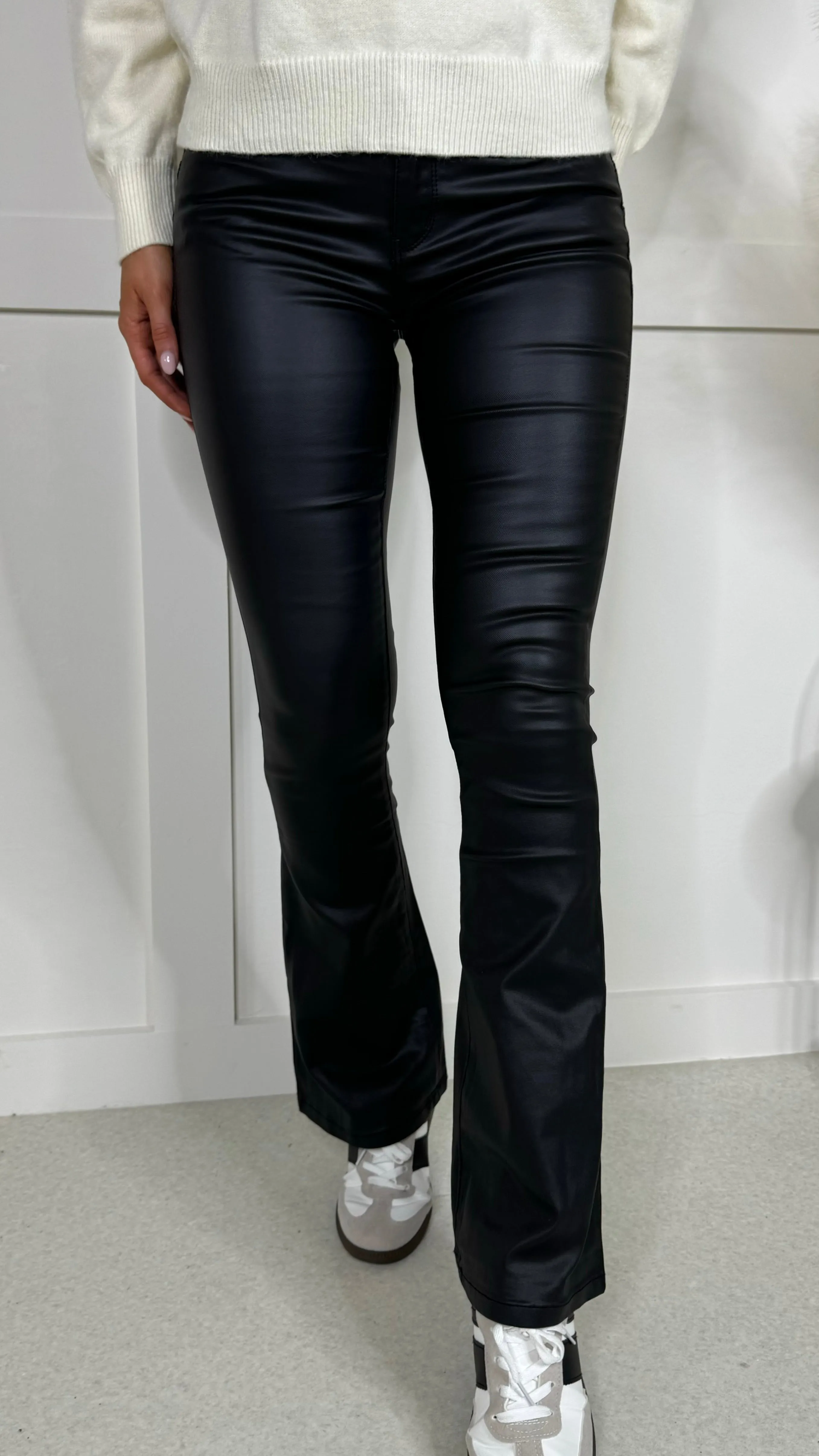 Lucy Black Coated Leather Look Flared Trousers