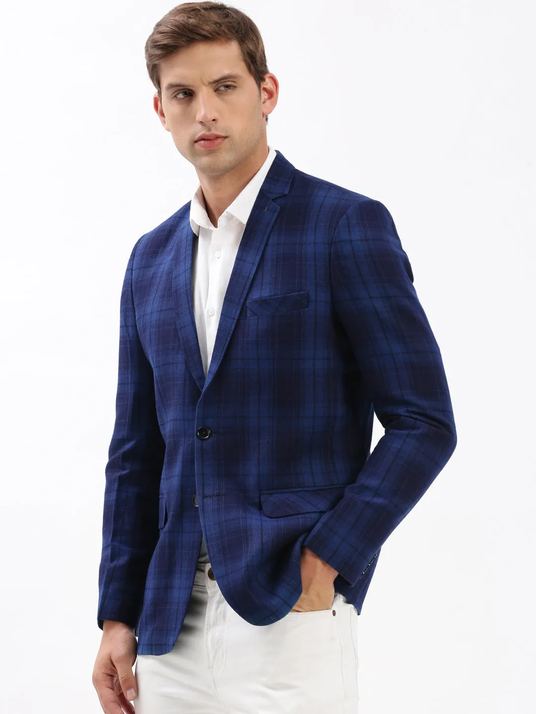 Men Notched Lapel Checked Navy Blue Blazer