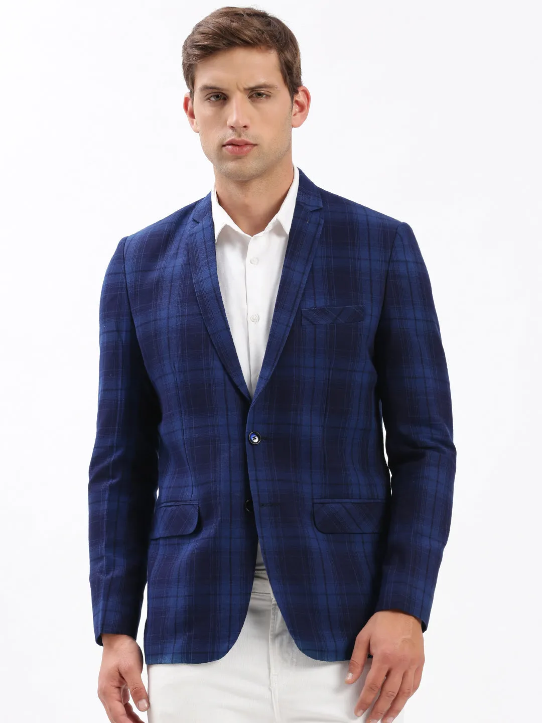 Men Notched Lapel Checked Navy Blue Blazer