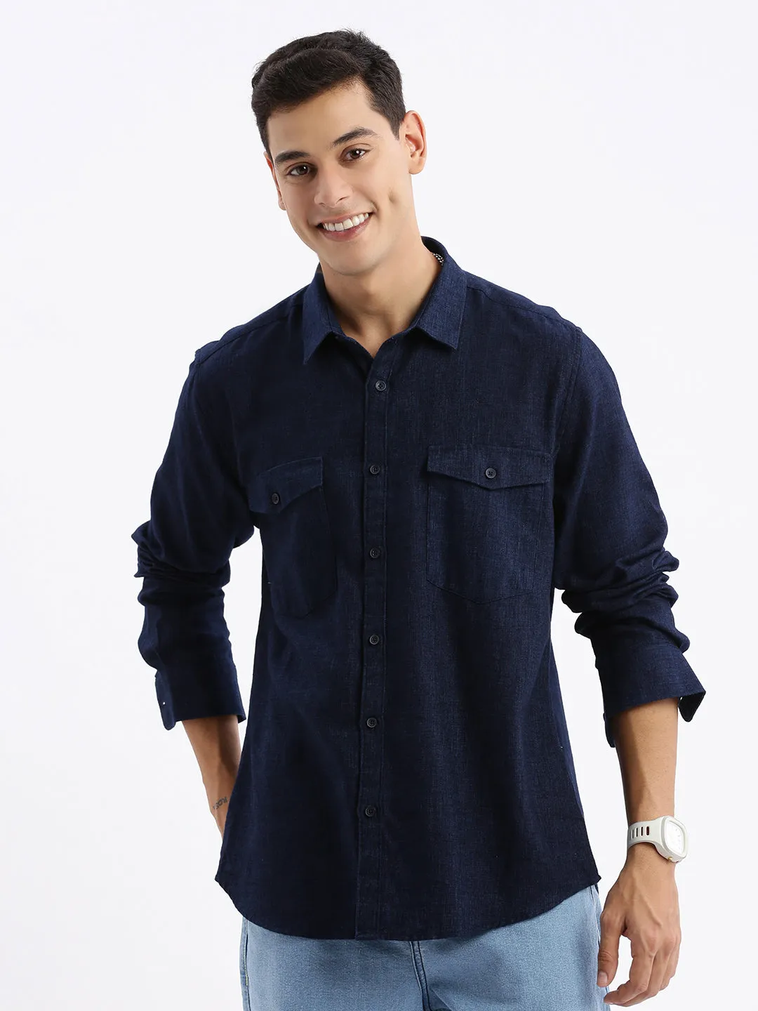 Men Spread Collar Solid Slim Fit Navy Blue Shirt