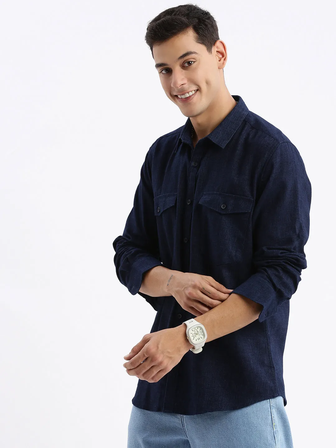 Men Spread Collar Solid Slim Fit Navy Blue Shirt