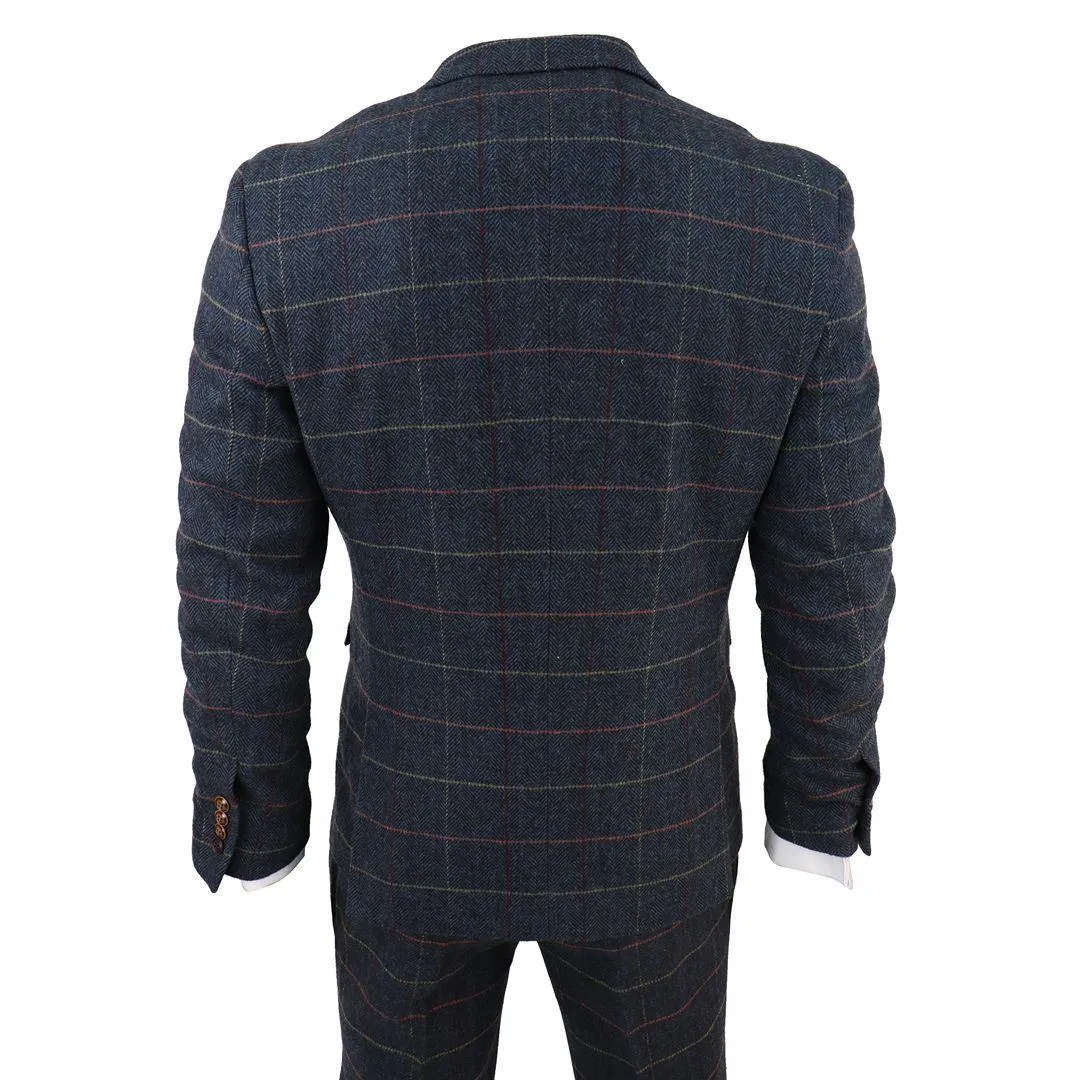 Mens Navy Blue 3 Piece Suit Herringbone Tweed Checked Formal Dress Suits