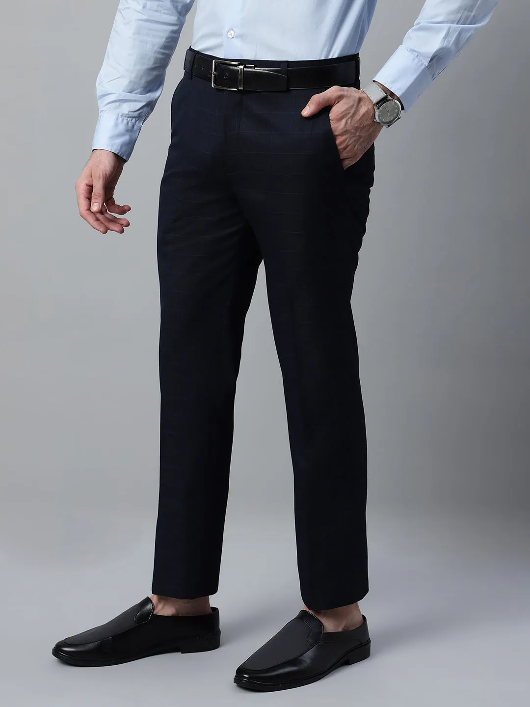 Men's Navy Blue Checkered Non-Pleated Formal Trouser