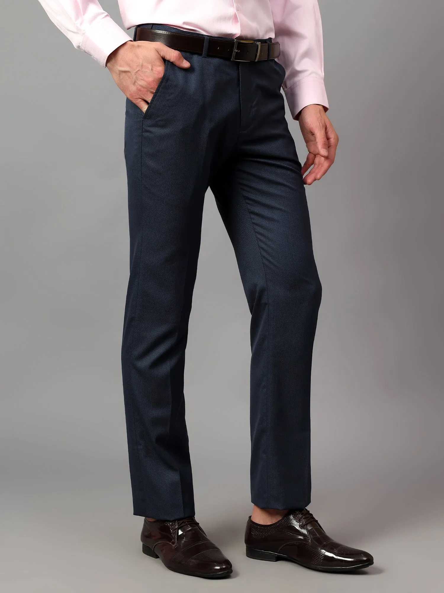 Men's Navy Blue Self Design Non-Pleated Formal Trouser