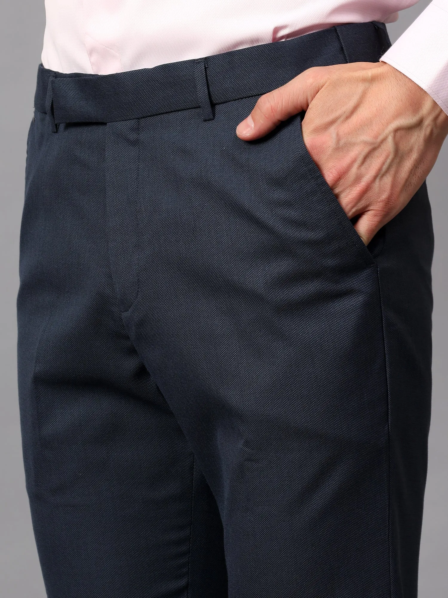 Men's Navy Blue Self Design Non-Pleated Formal Trouser