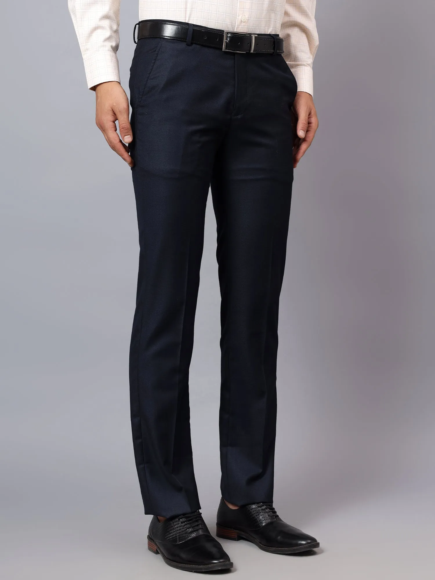 Men's Navy Blue Solid Non-Pleated Formal Trouser