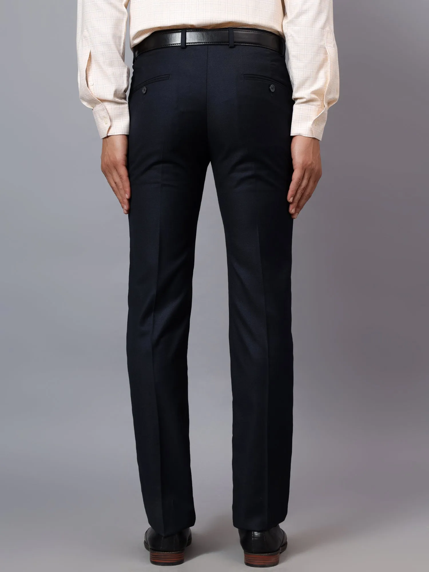 Men's Navy Blue Solid Non-Pleated Formal Trouser