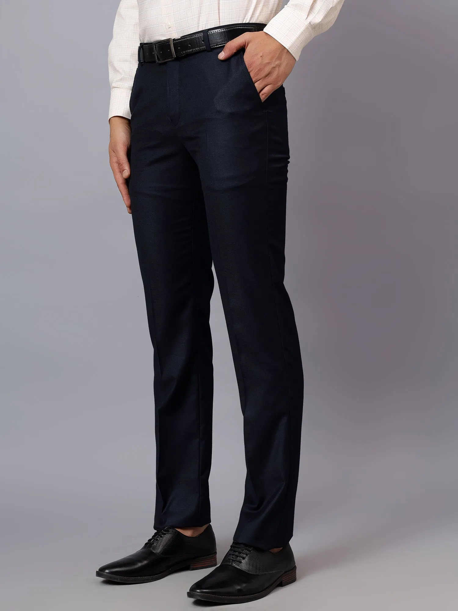 Men's Navy Blue Solid Non-Pleated Formal Trouser