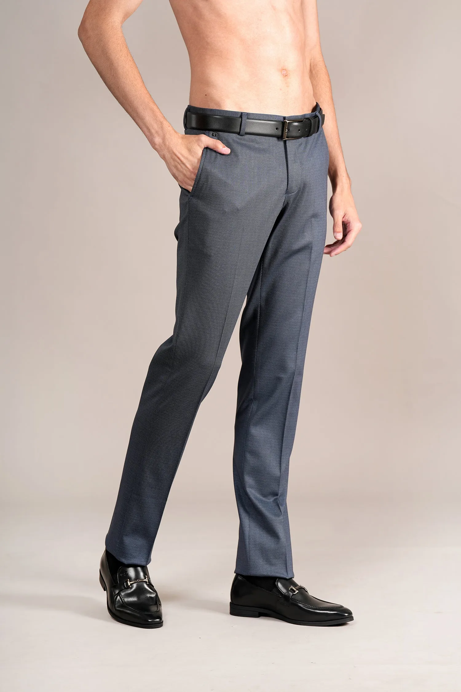 Men's Navy Self Design Non-Pleated Formal Trouser