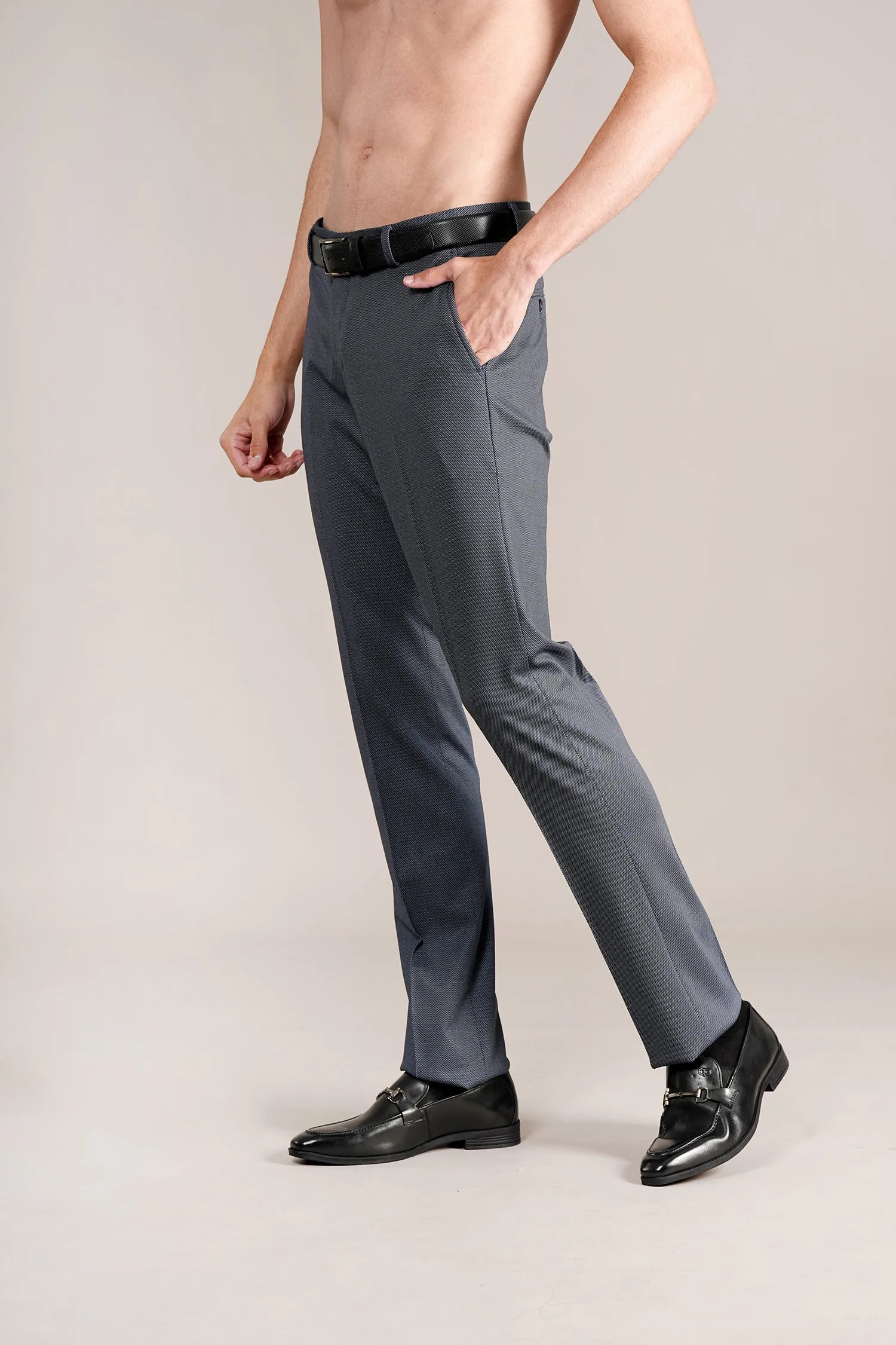 Men's Navy Self Design Non-Pleated Formal Trouser