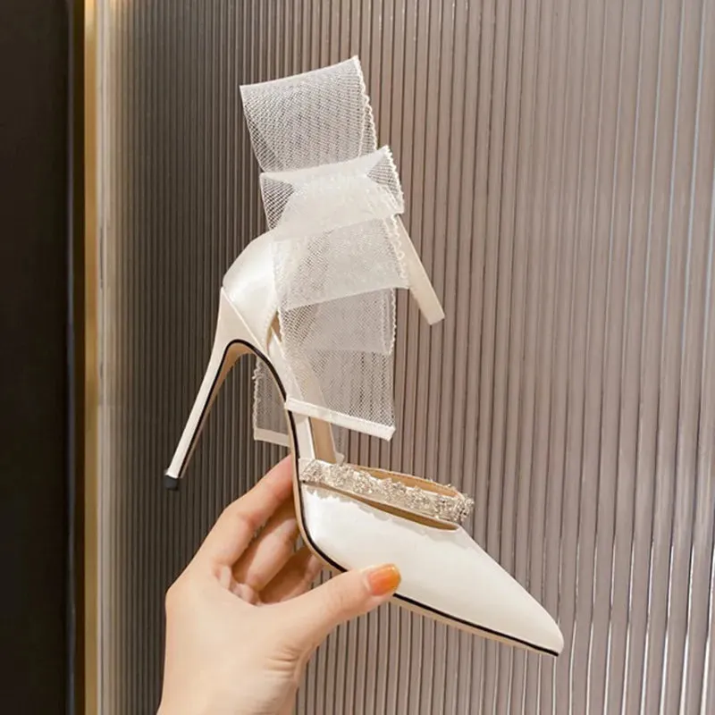 Mesh Big Bow Crystal Satin Heels