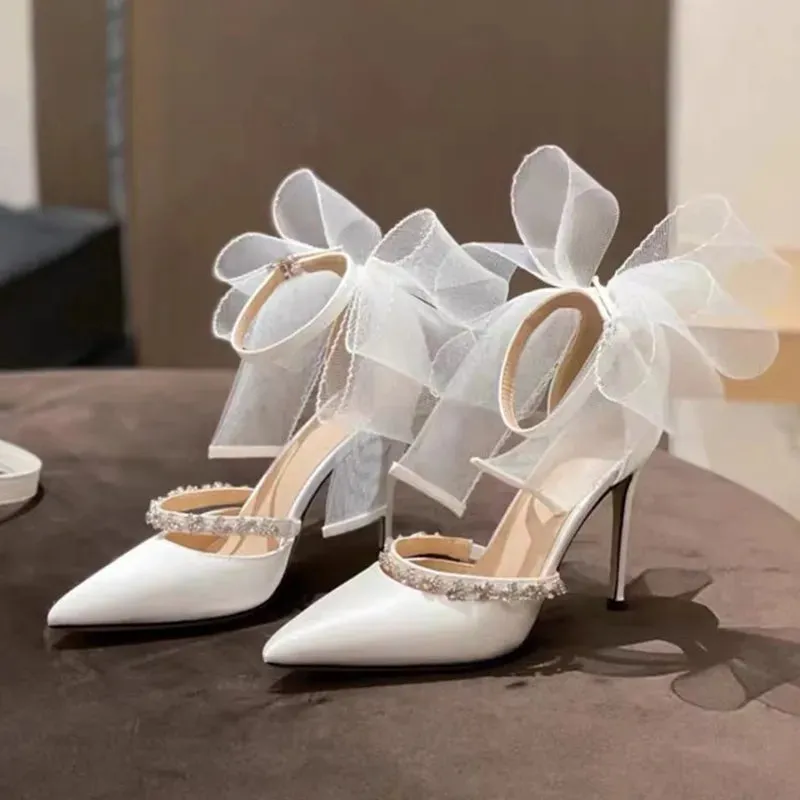 Mesh Big Bow Crystal Satin Heels